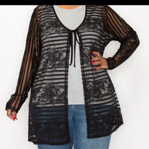 Chic Black Lace Cardigan Tie Closure Size 1X